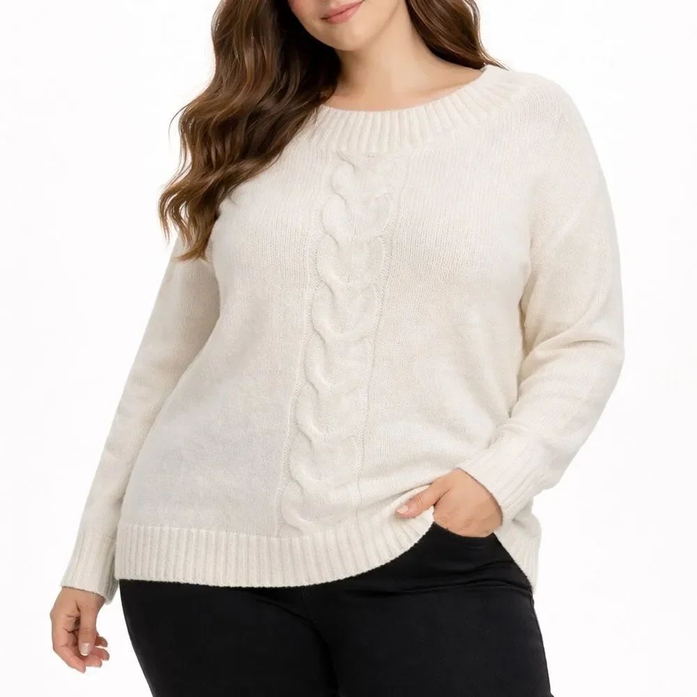 Lane Bryant White Cable Knit Wide Neck Sweater Size 14/16 NWOT